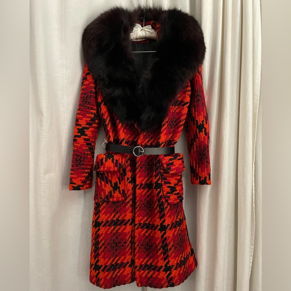 Lilli Ann 60’s Vintage Scottish Knit Plaid Red Coat w/ Real Fox Fur Collar